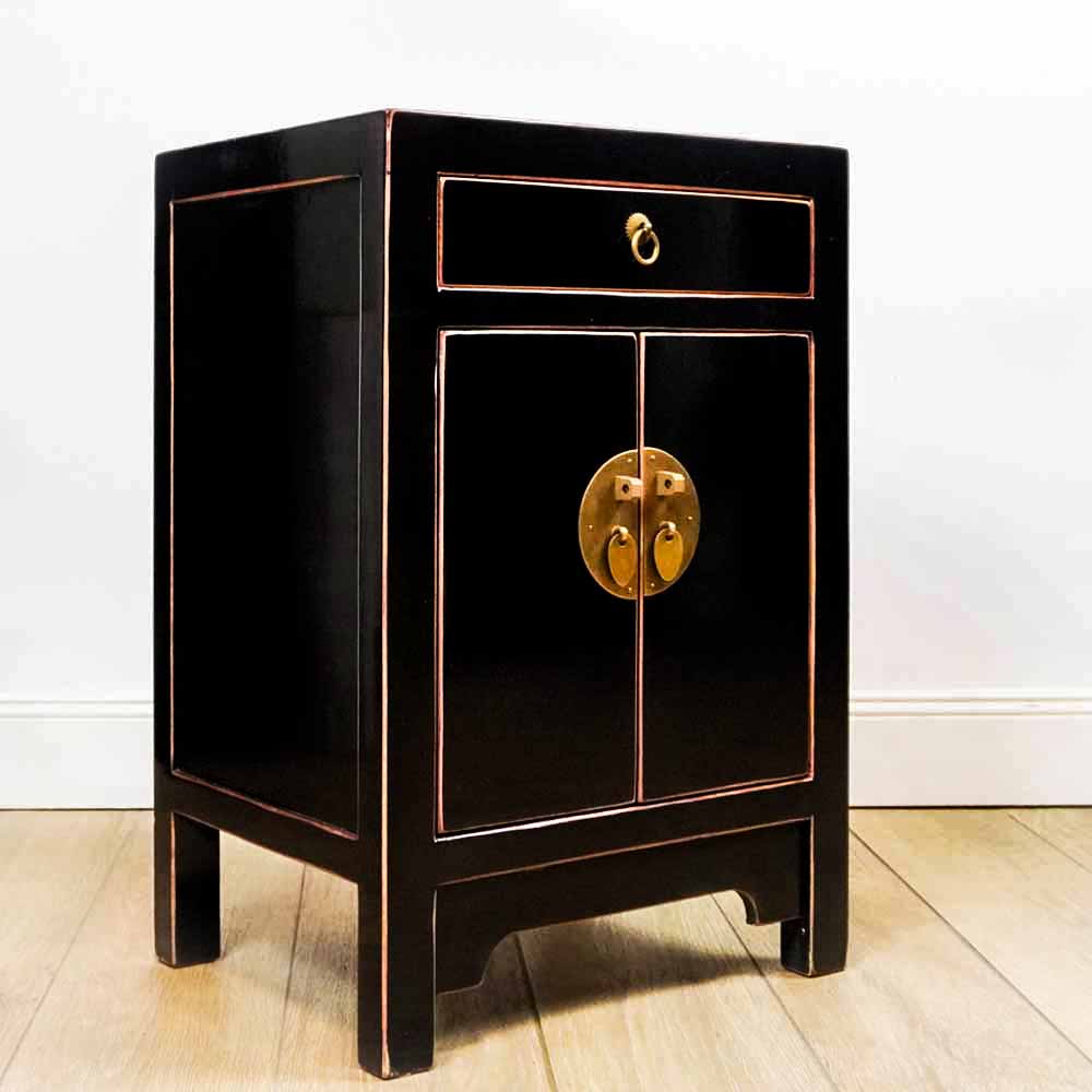 klein Schrank Nachttisch Nacht Kommode Truhe schwarz aus Holz chinesisch handgefertigt