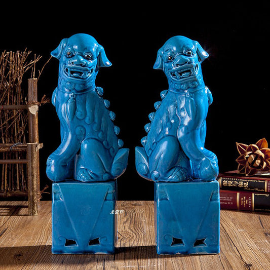 chinesisch Blau Fu Hund Statue Waechterloewen Keramik handgefertigt 33 cm