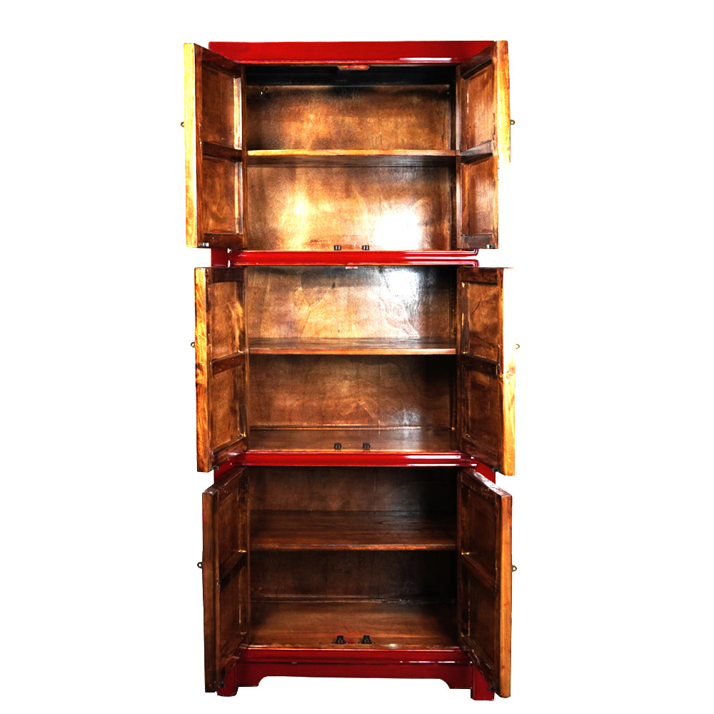 chinesisch Hochschrank mit 6 getrennt Stauraum rot lackiert aus Holz handgefertig