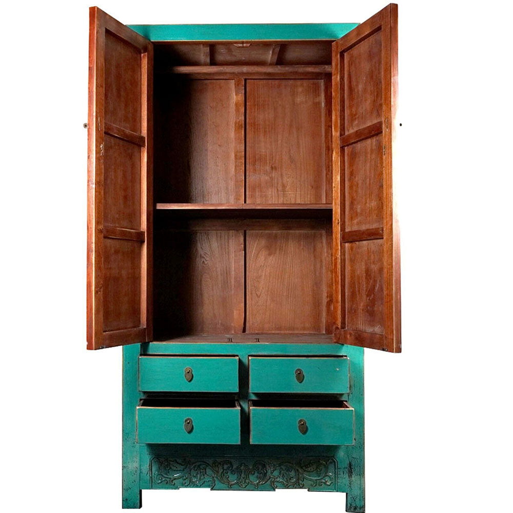 chinesischer Hochzeitsschrank Kleiderschrank Hochschrank aus Holz türkis