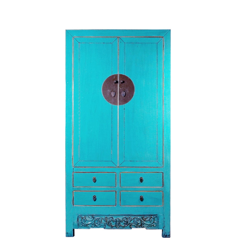 chinesischer Hochzeitsschrank Kleiderschrank Hochschrank aus Holz türkis