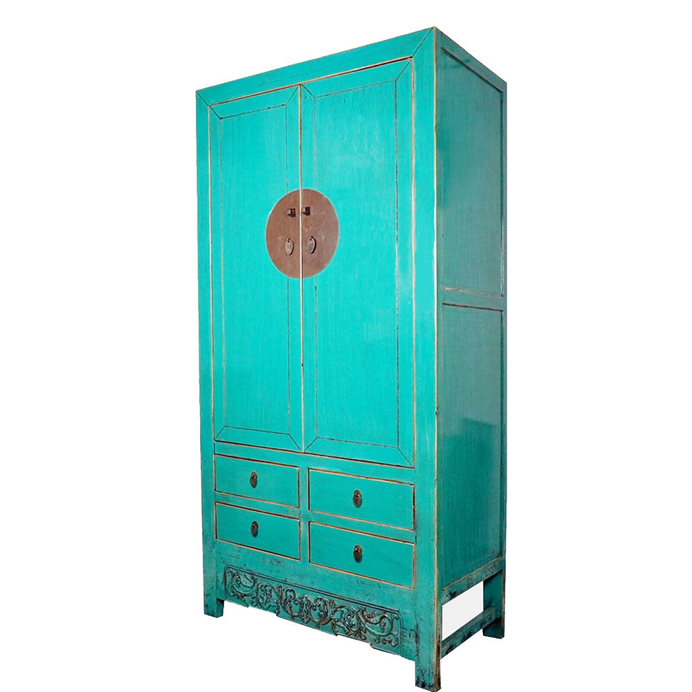chinesischer Hochzeitsschrank Kleiderschrank Hochschrank aus Holz türkis