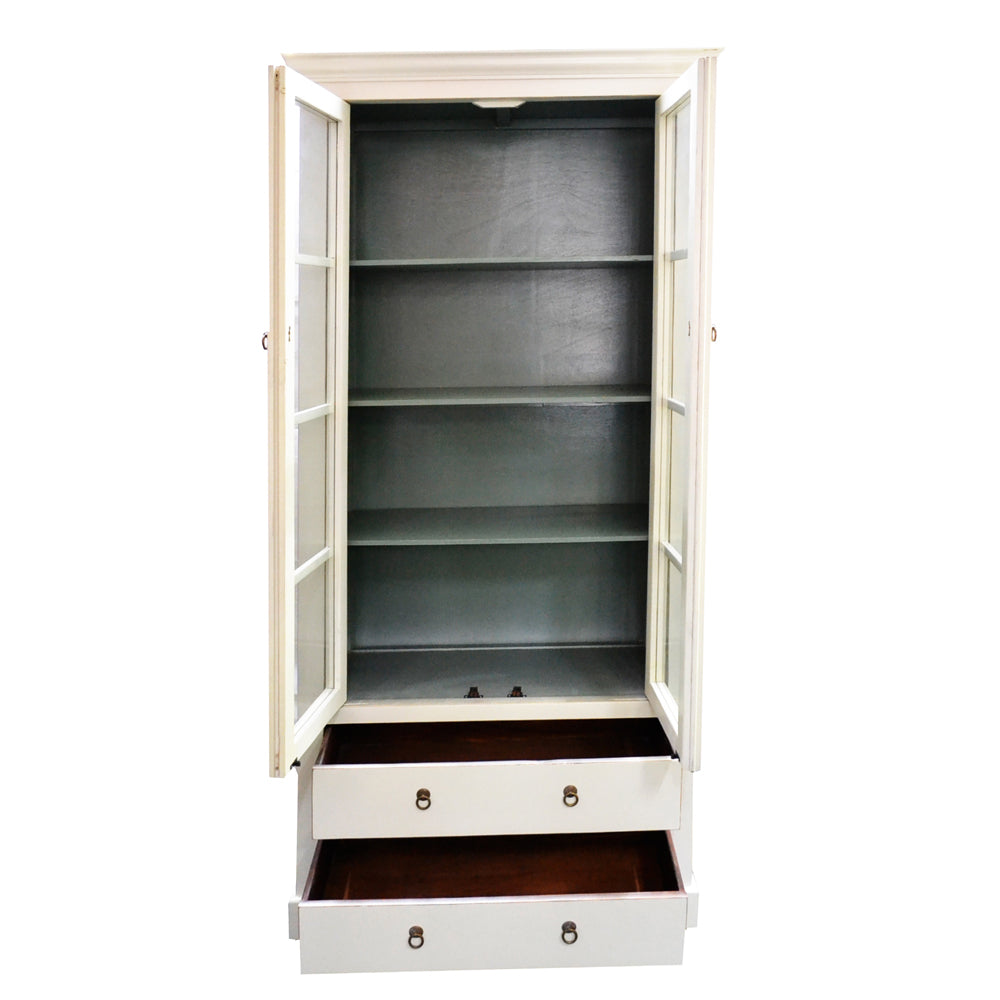 Vitrinenschrank Vitrine in weiß aus Holz handgefertigt mit Schubladen Fachboden