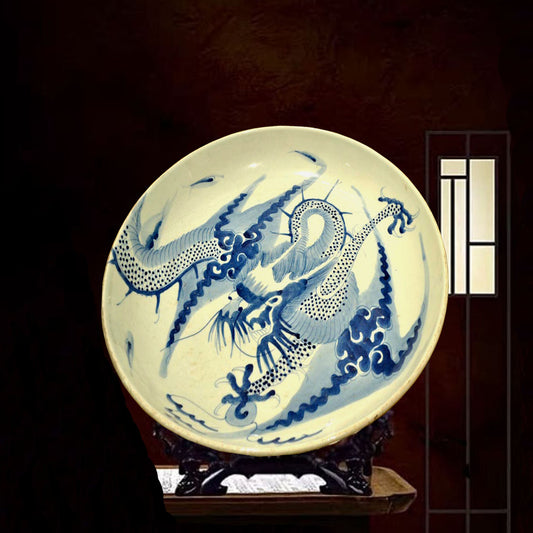 chinesisch Porzellan Deko Teller antik Drachen Motiv blau-weiß handgefertigt