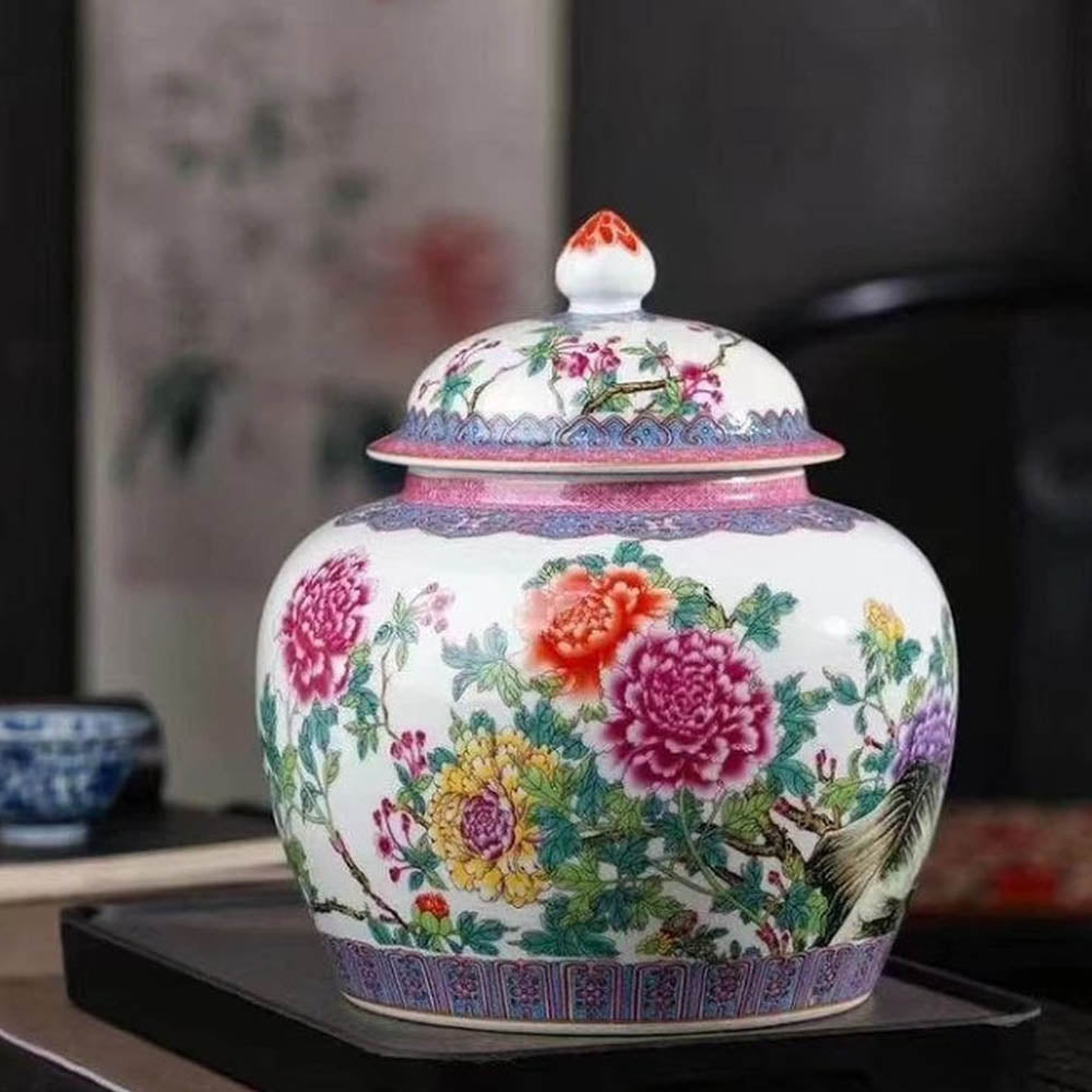 chinesischer traditionell Deckel Vase aus Porzellan bunt mit Blumen Mu – Tone of China