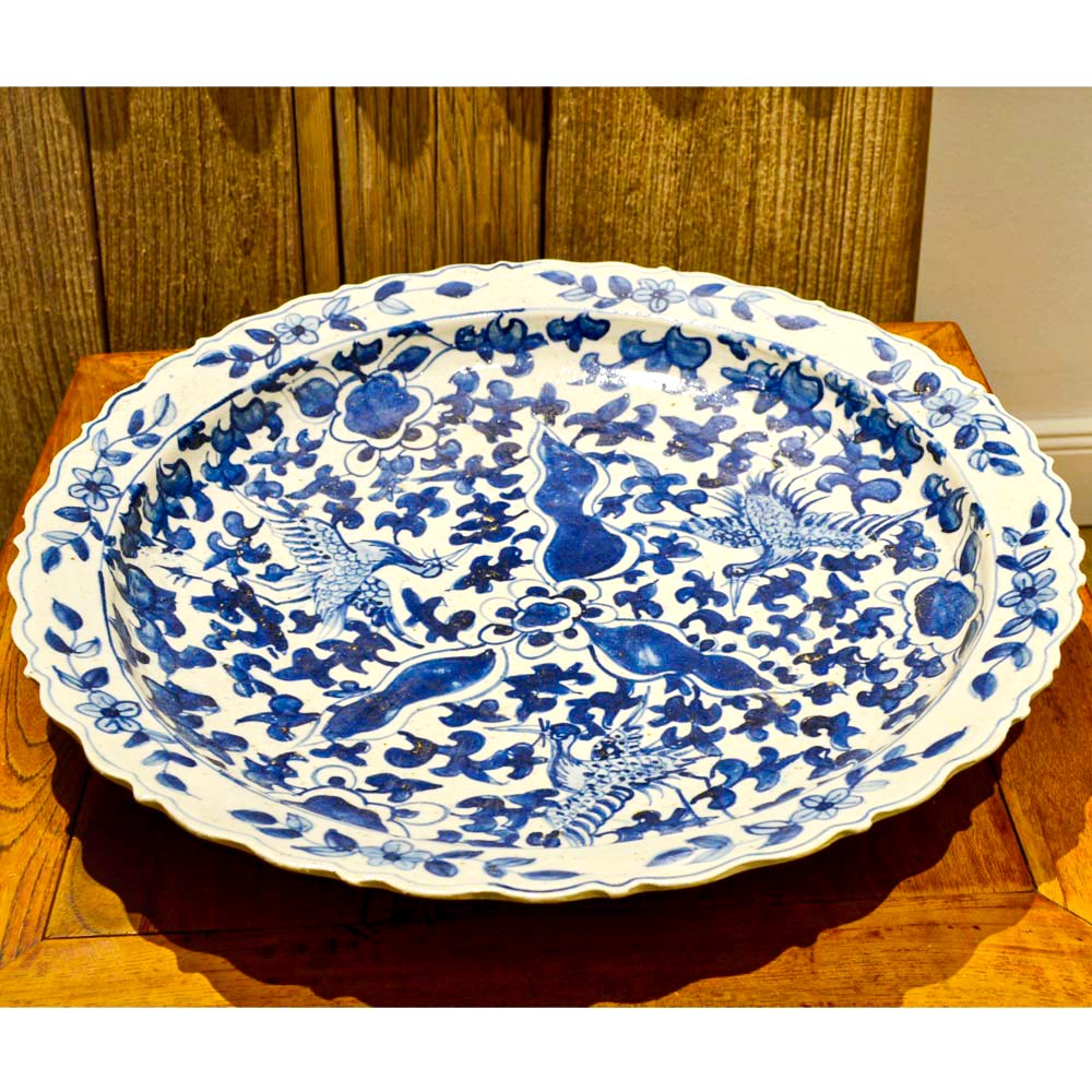 chinesisch Porzellan Deko Teller Blau-Weiß 44 cm handgefertigt