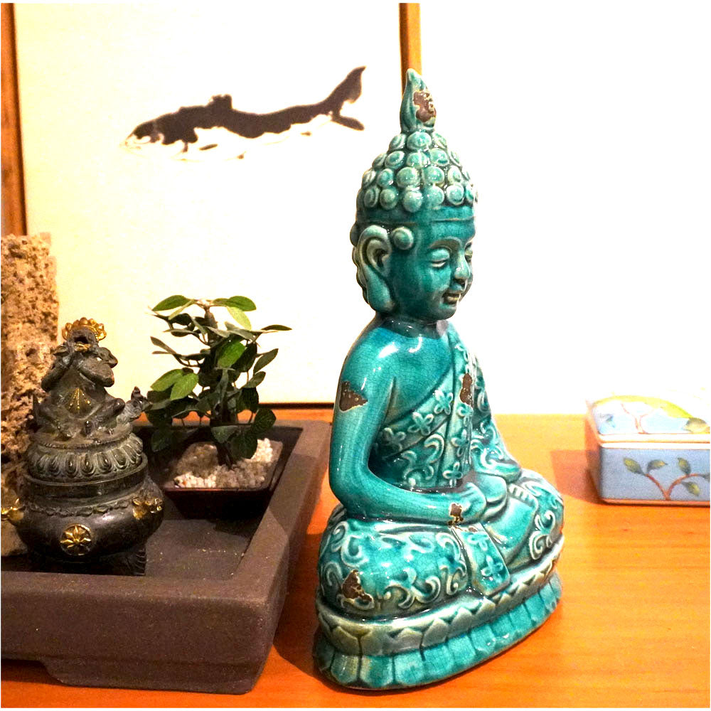 Buddha Statue Figure aus Porzellan blau