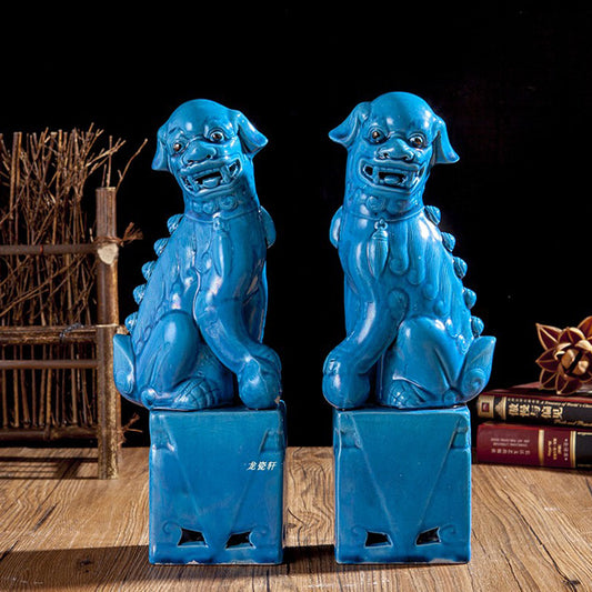 Deko Figur Fu Hund Tempelloewen Waechterloewen Blau Keramik 33 cm hoch