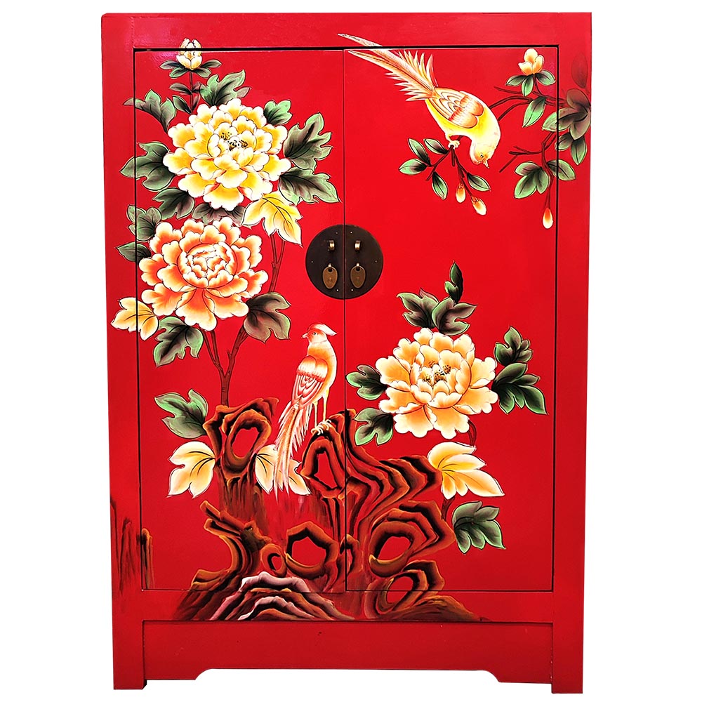 chinesisch Schrank rot mit Blumen Vogel Motiv Bad Wohnzimmer Küche Einlegboden