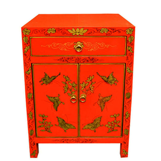 Nachttisch klein Schrank Kommode chinesisch Schmetterling Schrank aus Holz Rot mit Schubladen