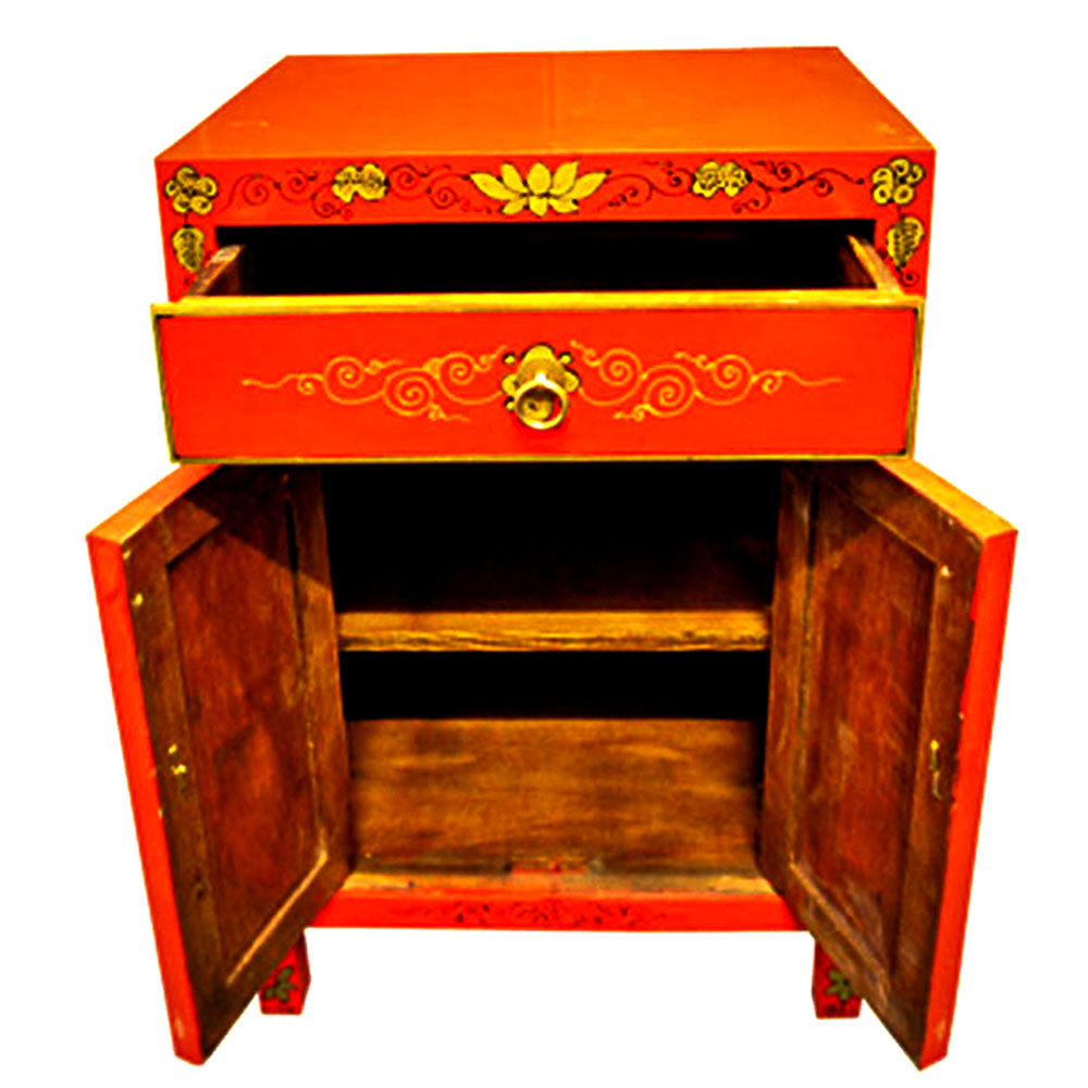 Nachttisch klein Schrank Kommode chinesisch Schmetterling Schrank aus Holz Rot mit Schubladen