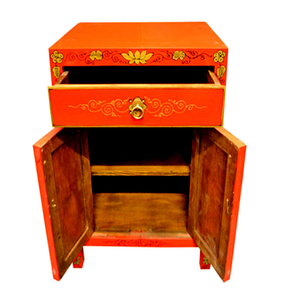 Nachttisch klein Schrank Kommode chinesisch Schmetterling Schrank aus Holz Rot mit Schubladen