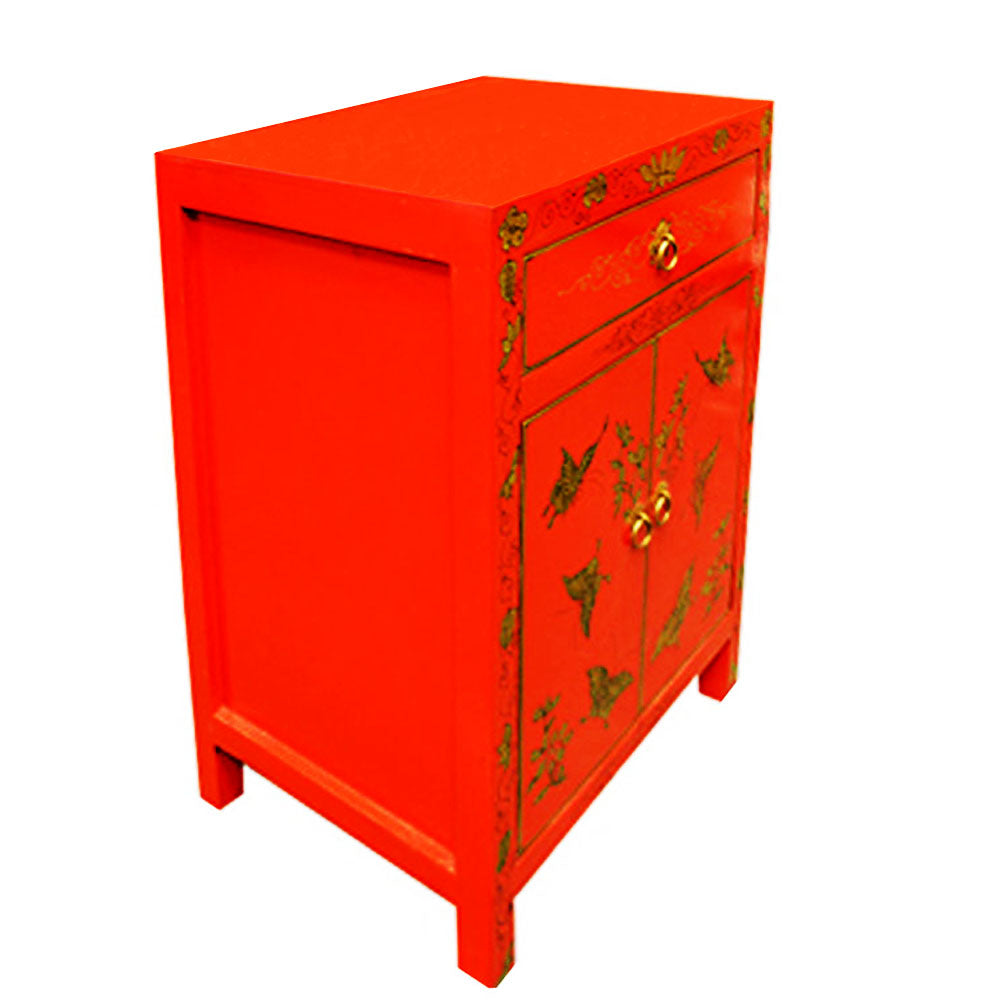 Nachttisch klein Schrank Kommode chinesisch Schmetterling Schrank aus Holz Rot mit Schubladen