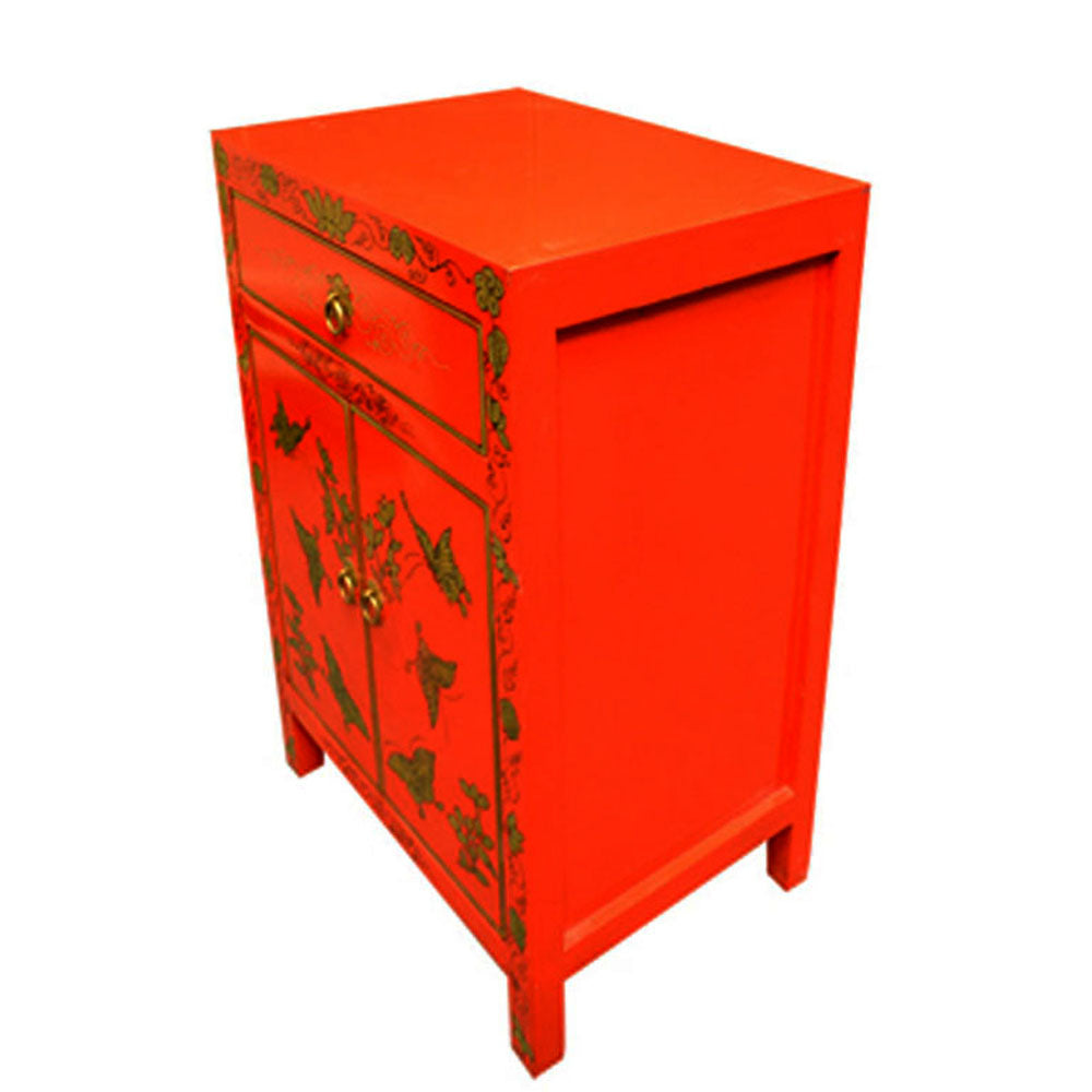 Nachttisch klein Schrank Kommode chinesisch Schmetterling Schrank aus Holz Rot mit Schubladen