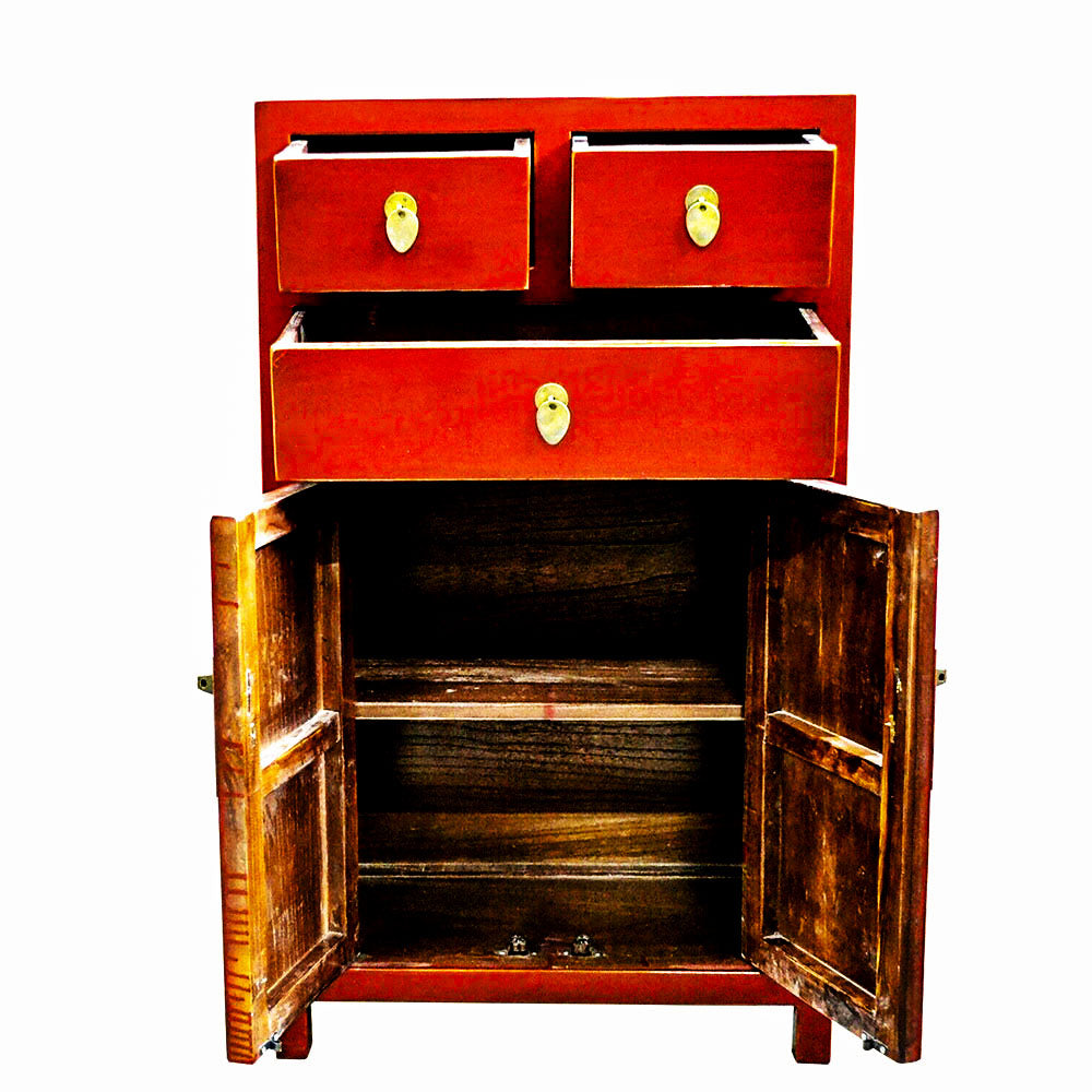 chinesísch Schrank Highboard Buffet aus Holz Rot mit 3 Schubladen handgefertigt