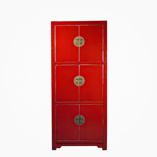 Vintage chinesisch Hochschrank mit 6 getrennt Stauraum rot lackiert aus Holz handgefertig