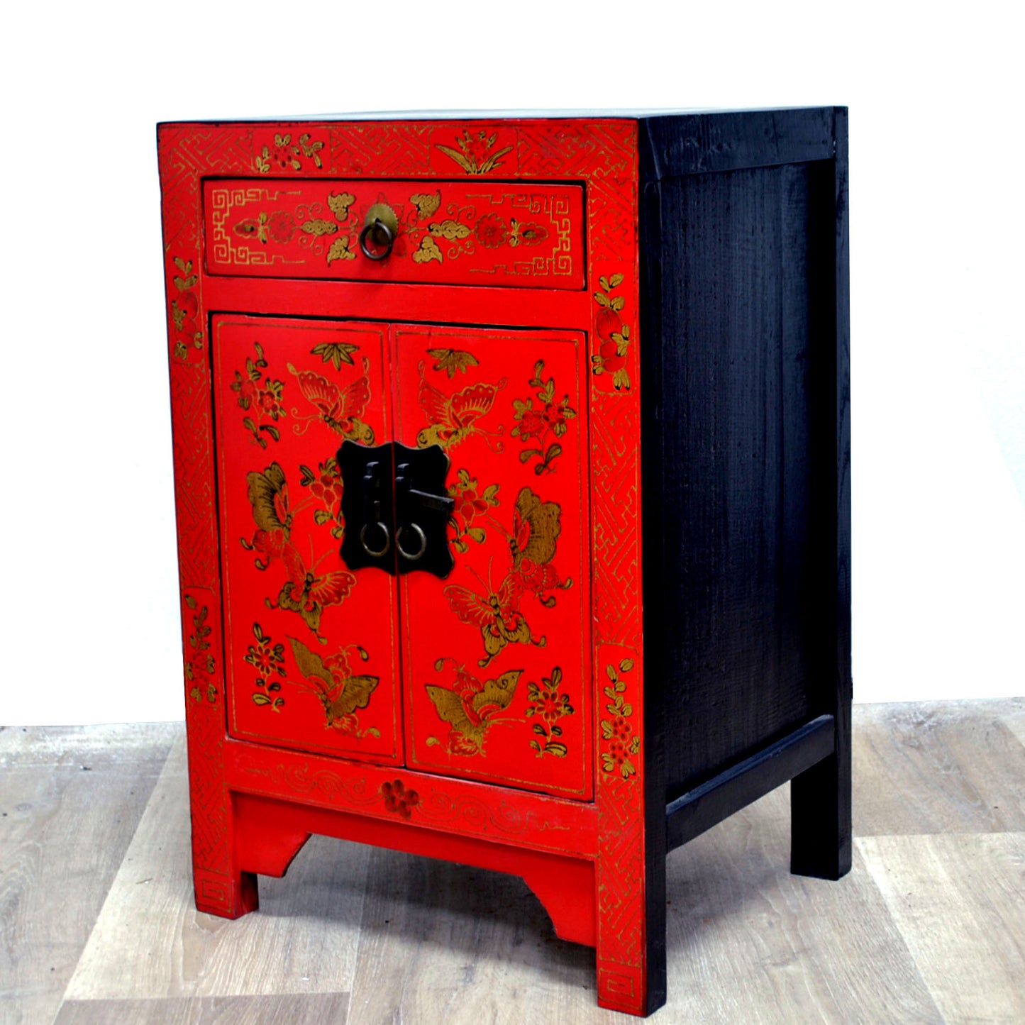 chinesisch Möbel chinesisch klein Schmetterling Schrank Kommode Nachttisch Truhe rot aus Holz handgefertigt