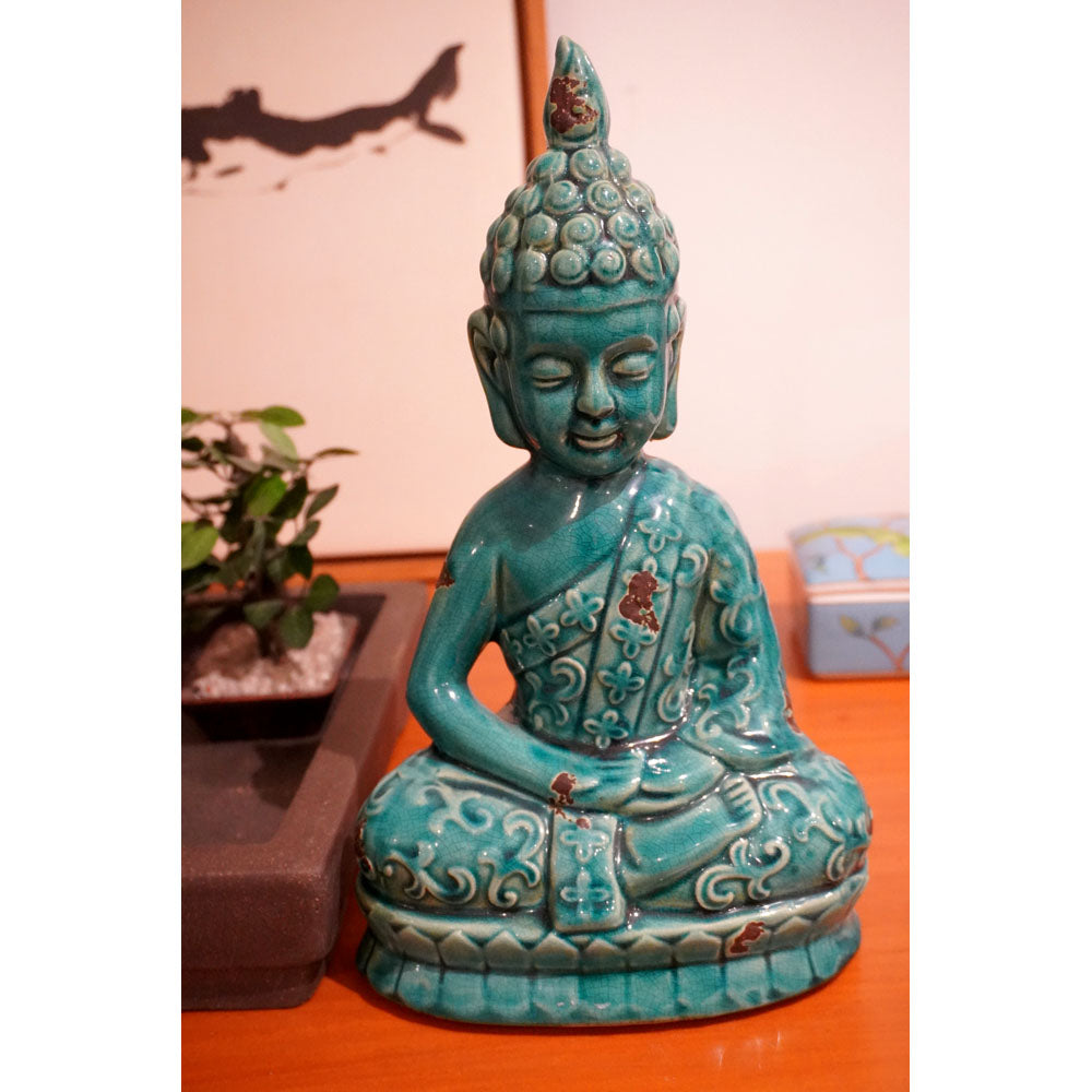 Buddha Figure Statue Keramik Meditation sitzend türkis blau feng shui zen inkl. Versand garten