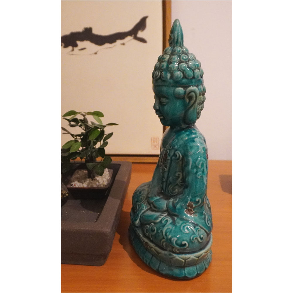 Buddha Figure Statue Keramik Meditation sitzend türkis blau feng shui zen inkl. Versand garten