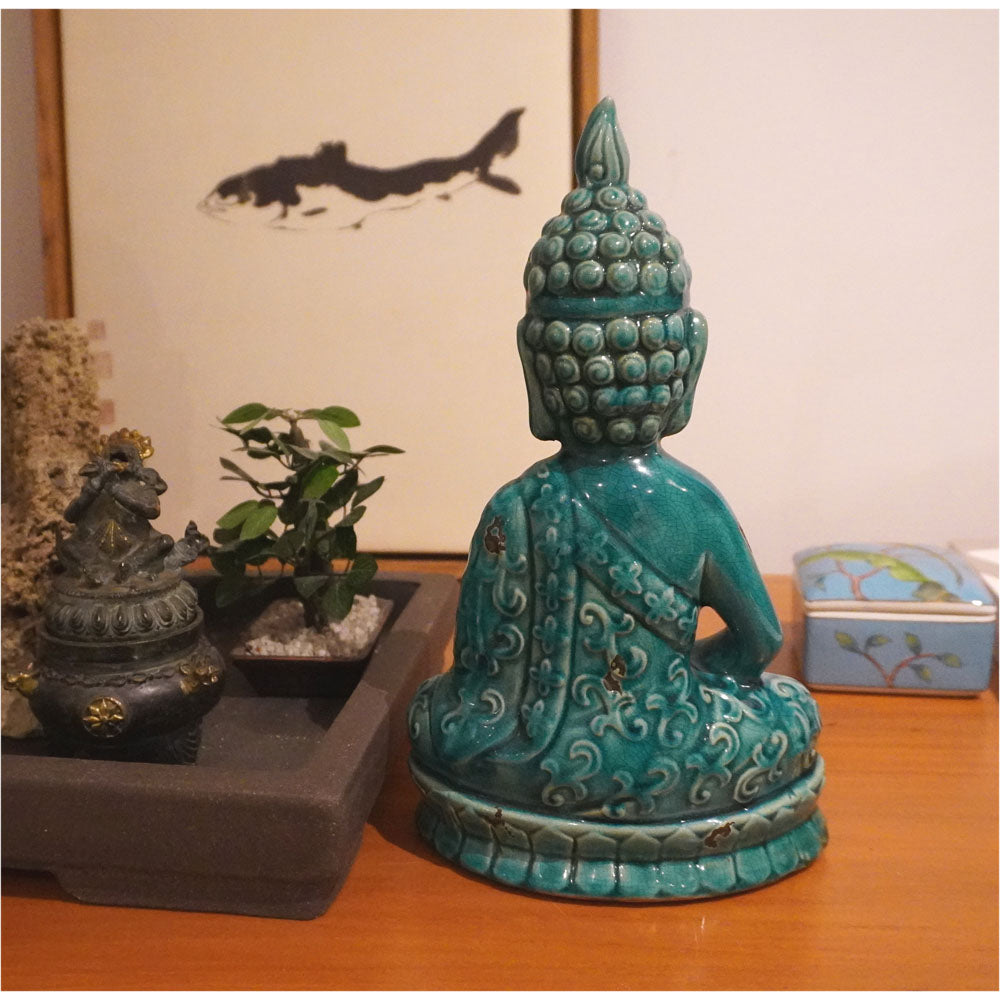 Buddha Figure Statue Keramik Meditation sitzend türkis blau feng shui zen inkl. Versand garten