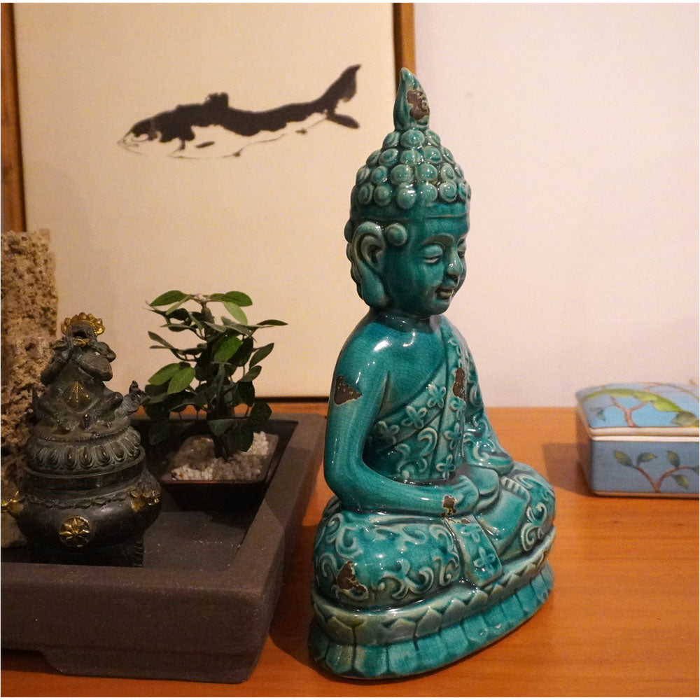 Buddha Figure Statue Keramik Meditation sitzend türkis blau feng shui zen inkl. Versand garten