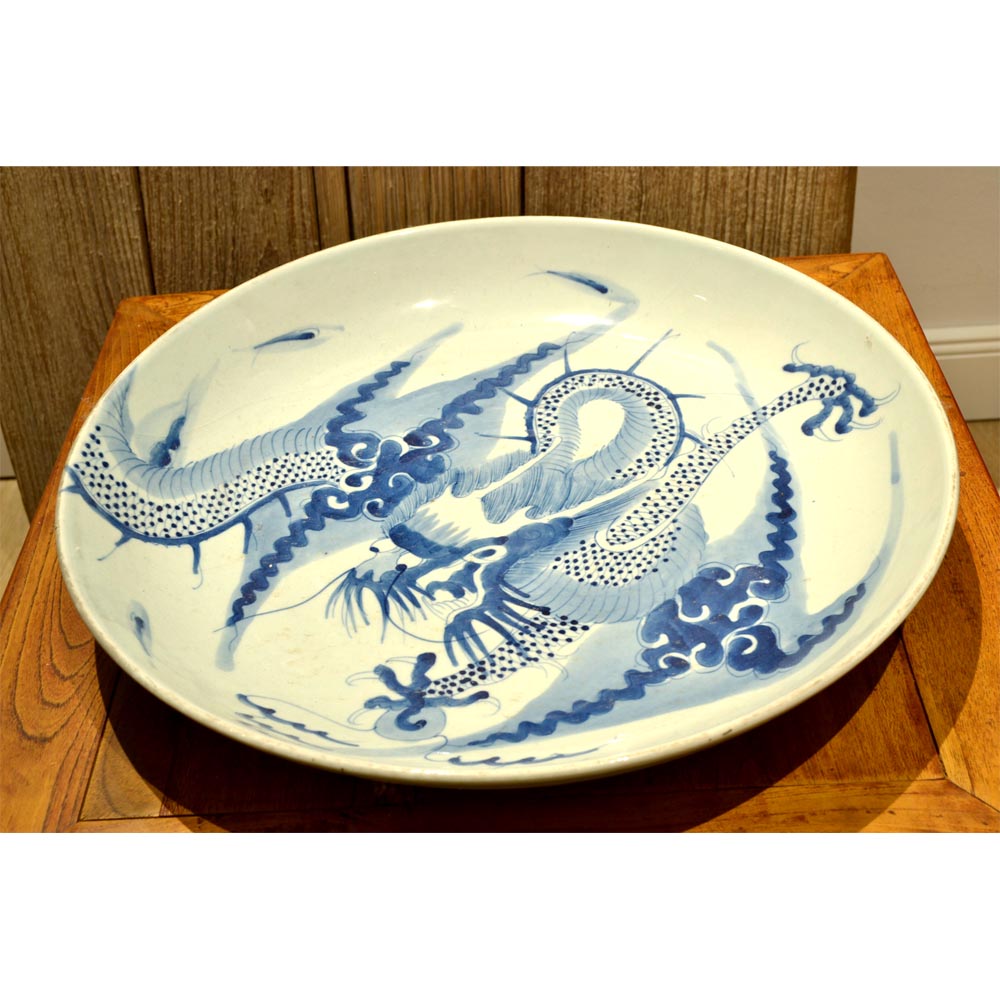 chinesisch Porzellan Deko Teller antik Drachen Motiv blau-weiß handgefertigt
