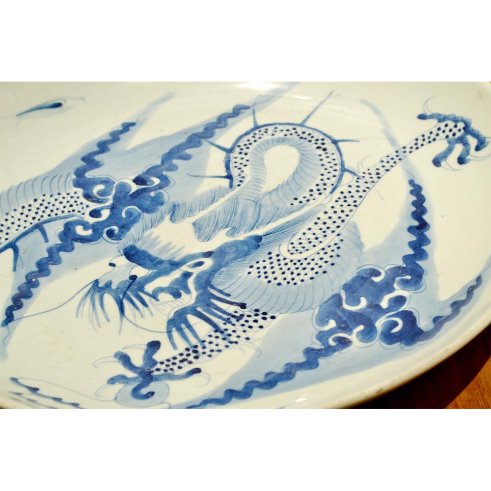 chinesisch Porzellan Deko Teller antik Drachen Motiv blau-weiß handgefertigt