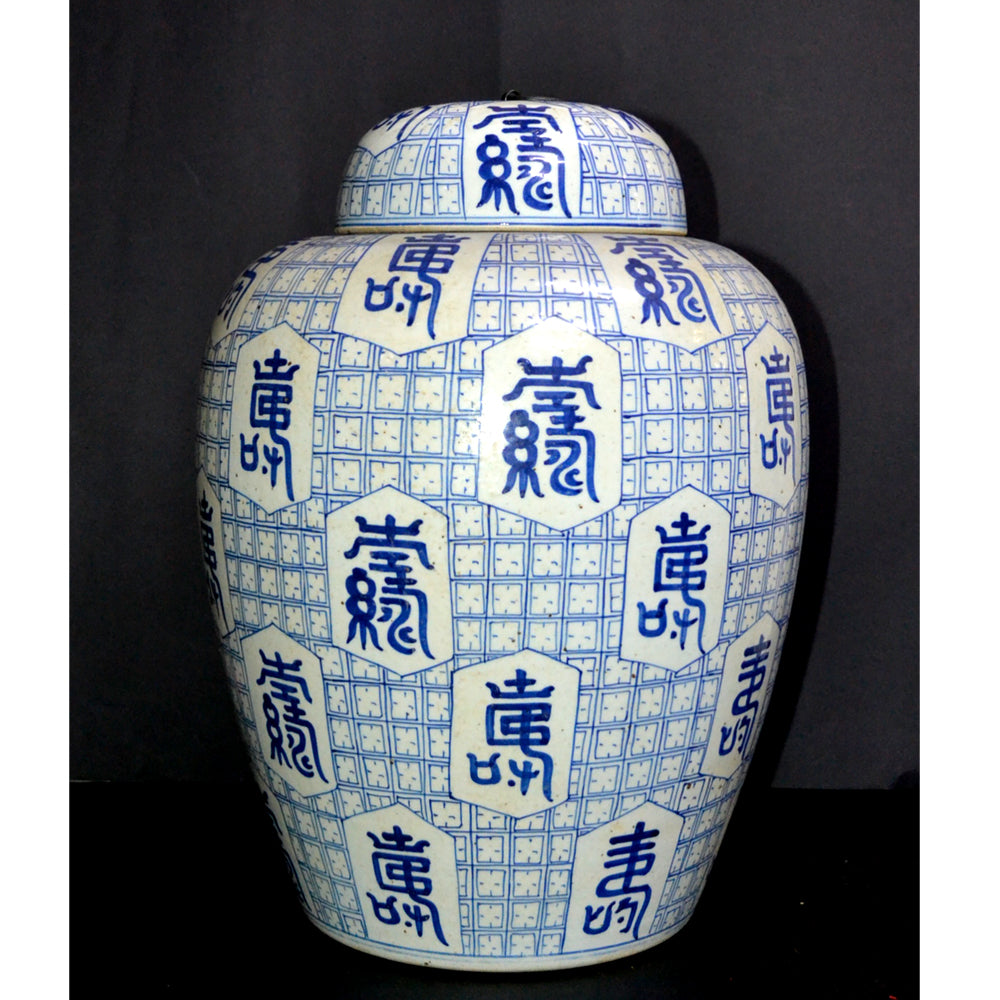 Chinesisch Porzellan Deckel Vase blau-weiß mit Glückszeichen handgefertigt