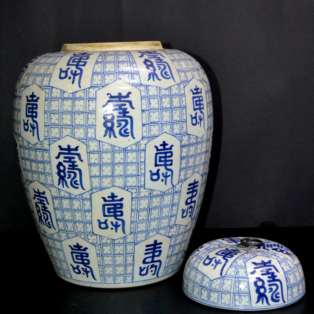 Chinesisch Porzellan Deckel Vase blau-weiß mit Glückszeichen handgefertigt